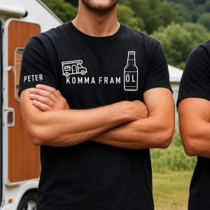 T-shirt med trycket ”Komma fram öl” – humoristisk campingtröja för husbil och camping