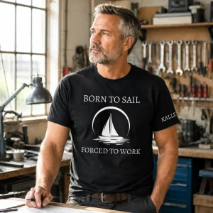 svart t-shirt med texten "Born To Sail – Forced To Work" och namn på ärmen