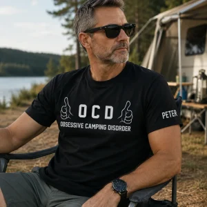 Personlig camping-t-shirt med OCD – Obsessive Camping Disorder och eget namn på ärmen.