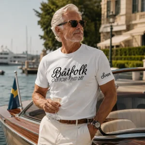 Personlig båt-t-shirt med texten "Båtfolk och folk med båt" samt eget namn på ärmen.
