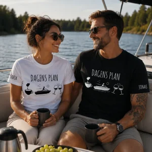 Personliga t-shirts för par med båtmotiv och eget namn på ärmen, perfekta för båtliv och sommarens utflykter.
